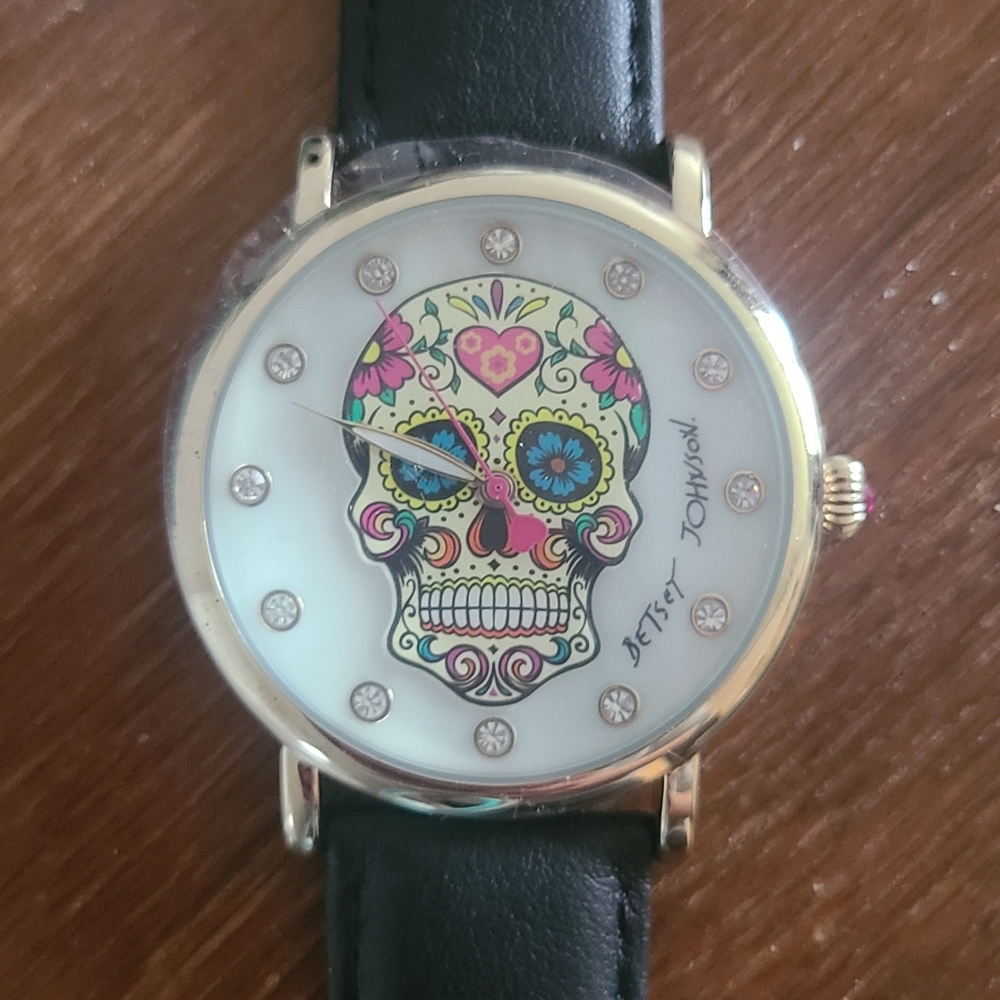 Betsey Johnson Sugar Skull Watch with Black Band